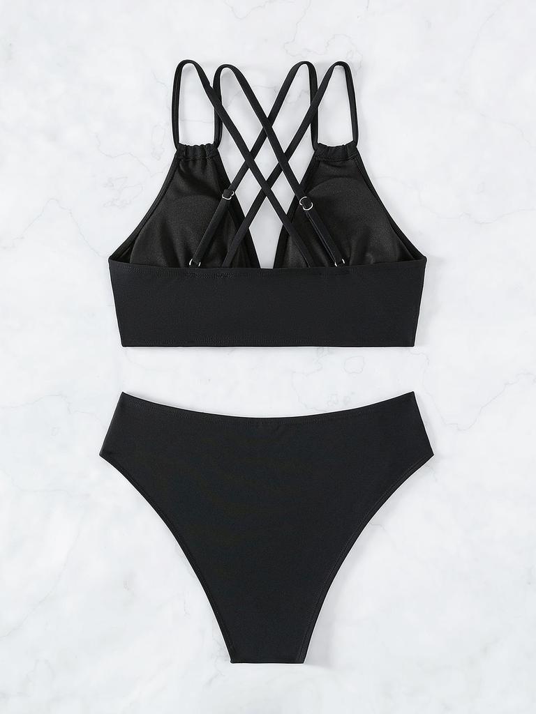 2025 V-neck Sexy Solid Color Backless Bikini - European & American Style Two-piece Swimwear