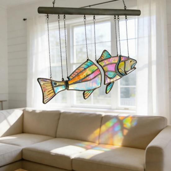 Handcrafted Stained Glass Fish Suncatcher Acrylic Fish Window Hanging Ornament Handmade Iridescent Fish Wind Chime for Patio Garden Home
