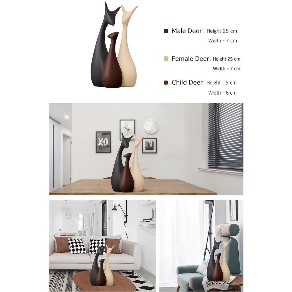 Home Decor Lucky Deer Family Matte Finish Ceramic Figures - (Set of 3, Matte Brown)