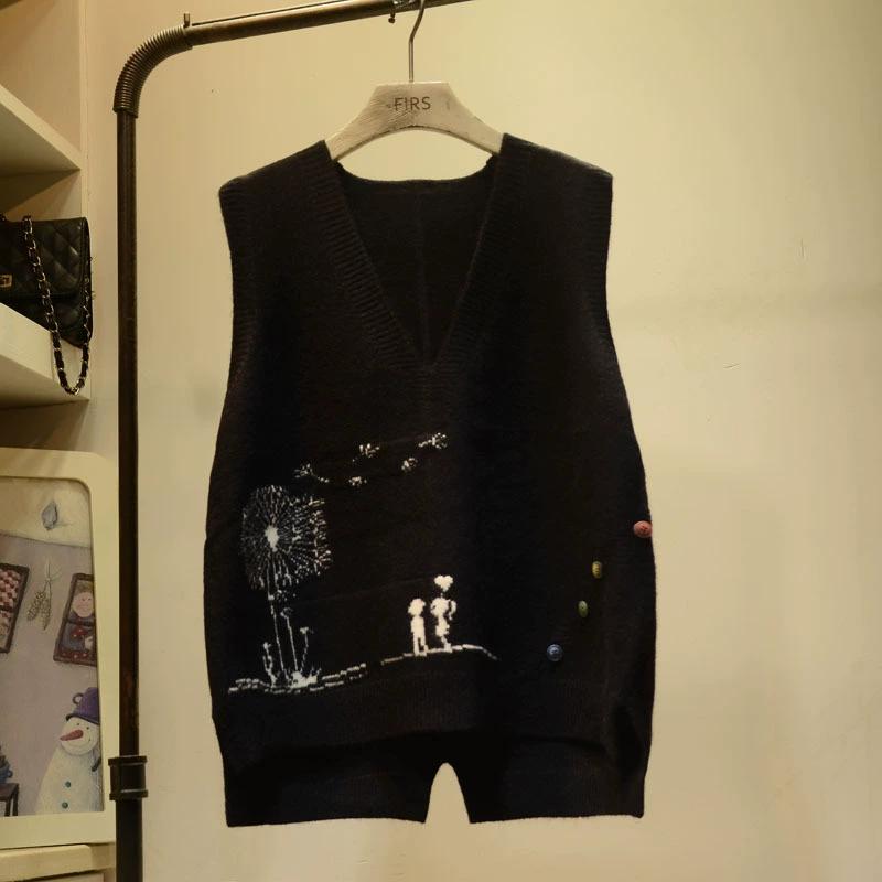 

Вышитый трикотажный жилет с V-образным вырезом, женский, с мультяшным узором, оборками, свободный, без рукавов, базовый пуловер, жилет, женский One size чёрный