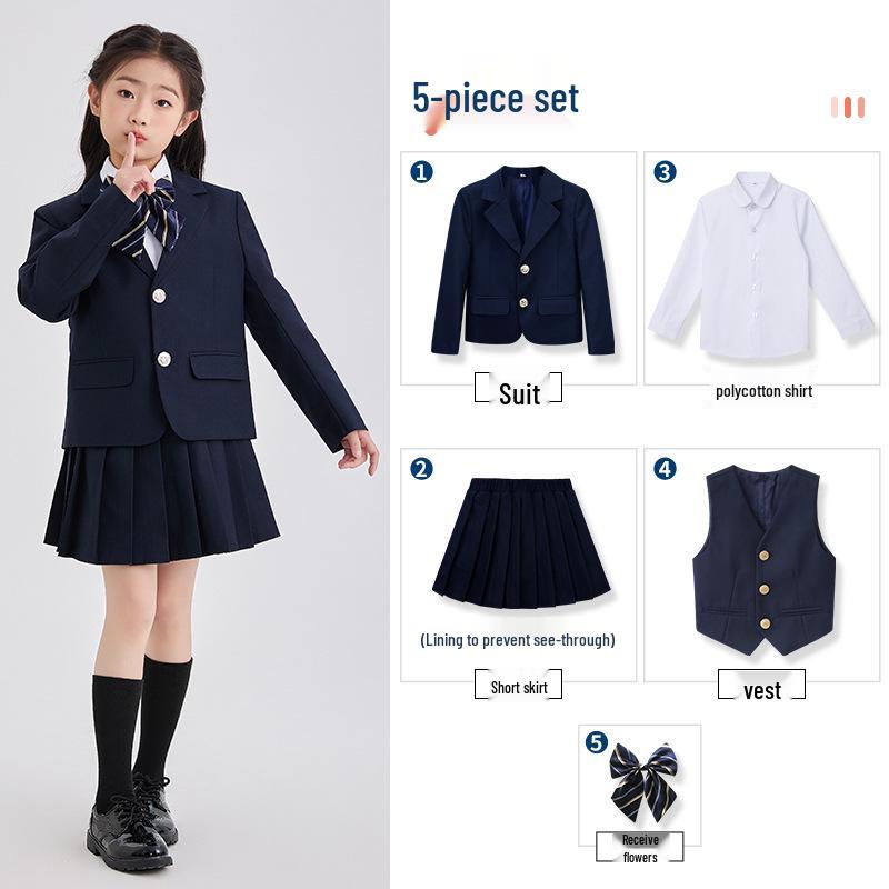 Spring/Summer Kids' British College Style Navy Blue Kindergarten Uniform Set for Performances