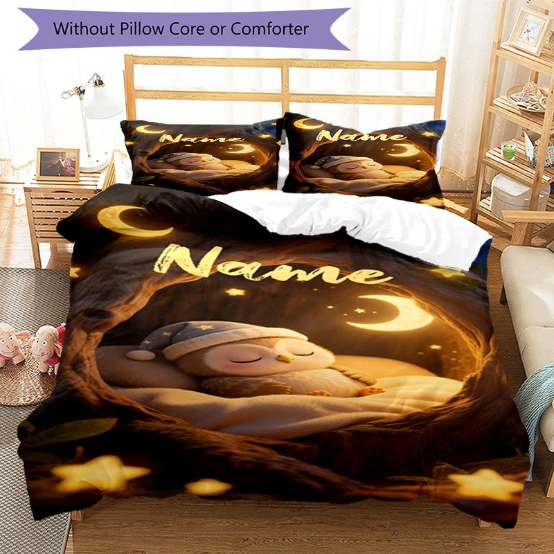 3pcs Custom Name Owl Bedding Set Duvet Cover Closure Includes 1 Duvet Cover & 2 Pillowcases, Soft and Comfortable for All Seasons.