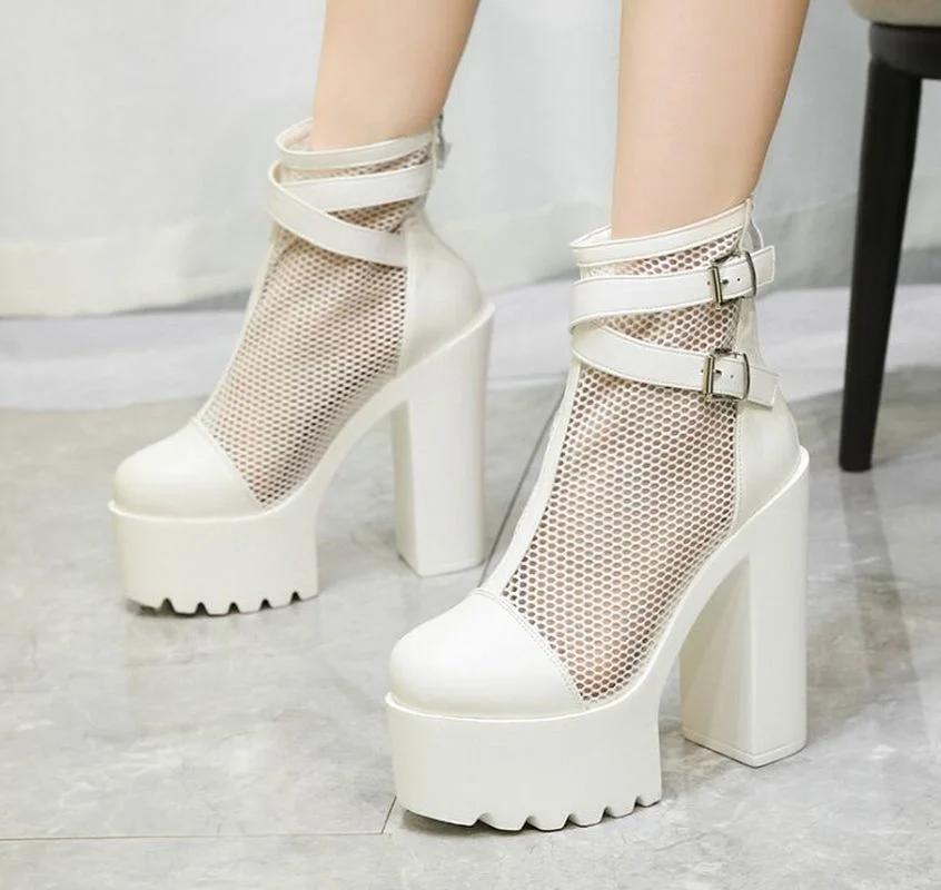 Fashion 14CM Hollow Out Women Mesh Boots High Heels Summer Autumn Sexy Nightclub Shoes Female Back Zipper Basic Boots Platform Cheap