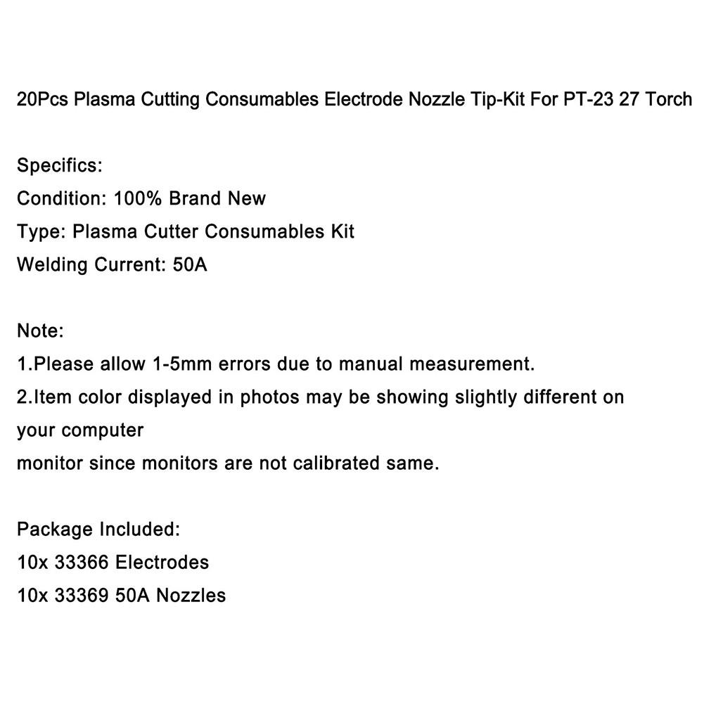 20Pcs Plasma Cutting Consumables Electrode Nozzle Tip-Kit for PT-23 27 Torch