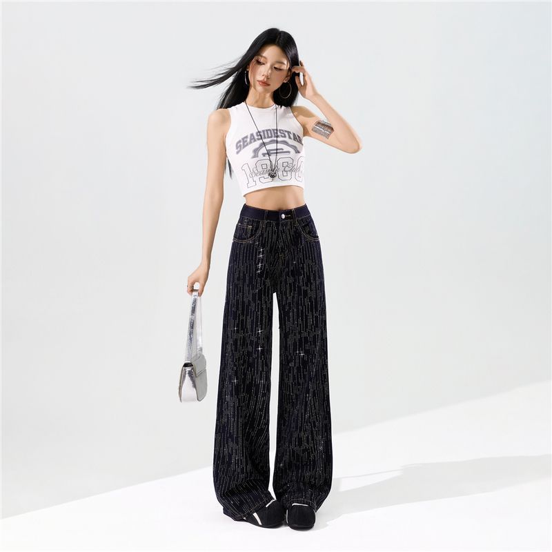 Spring Summer Bling Full Star Wrinkle Resistant Four Way Stretch Drape Micro Flare Wide Leg Denim Pants For Women Casual Pants Oversize Denim Trousers
