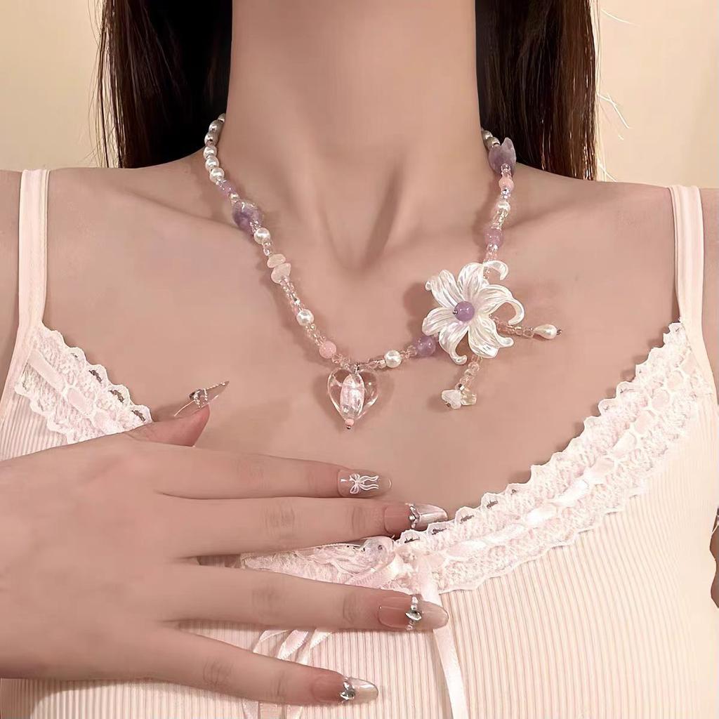 Pure Desire Wind Super Fairy Purple Flower Imitation Pearl Necklace Female Spring and Summer Atmosphere Sweet Temperament Choker Collarbone Chain
