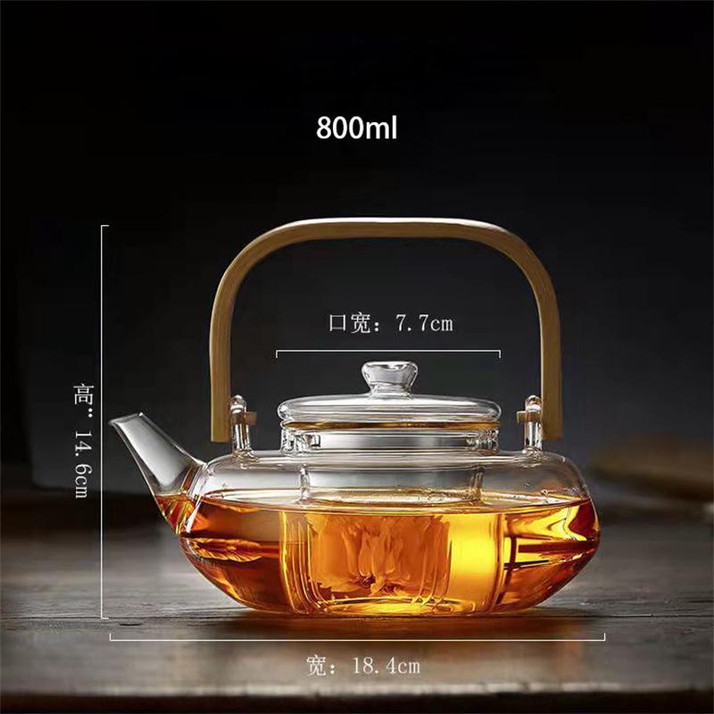 Japanese Style High Borosilicate Glass Teapot Bamboo Handle Teaware Kung Fu Tea Pot Tea Set Household Heat Resistant Tea Maker