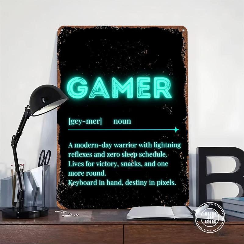 Gamer Definition Neonschild Blechschild Poster Personalisierte Wandkunst Retro Vintage Metallschilder für Man Cave Heimdekorationen Dekor