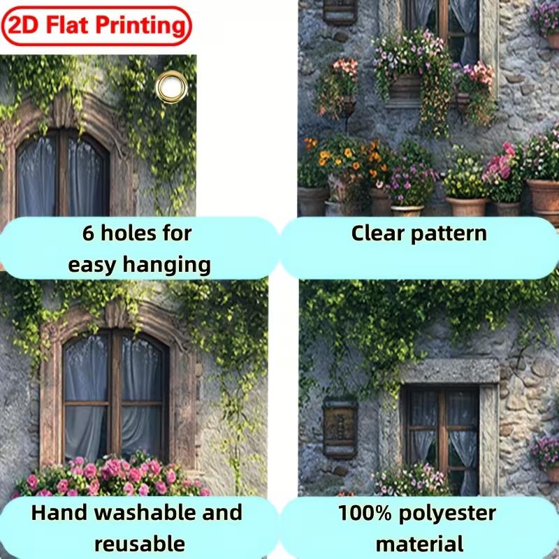 2D Spring Blooming Garden Garage Door Banner, Rustic Stone Wall Backdrop