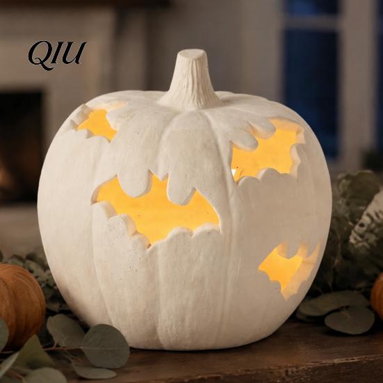 Halloween Pumpkin Decor Resin Figurine, Bat Hollow Out Lantern with Durable Collectibles Warm Light, Spooky Indoor Outdoor Home Table Fireplace Creepy
