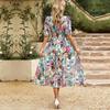Robes florales d'été pour femmes, taille haute, col en V, manches courtes