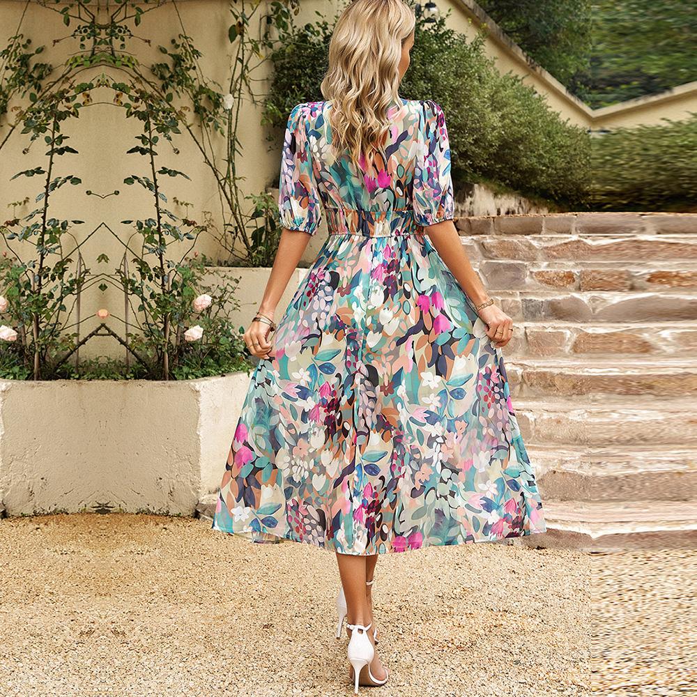 Robes florales d'été pour femmes, taille haute, col en V, manches courtes