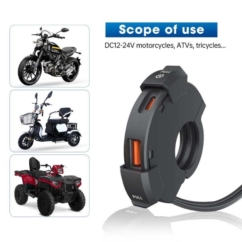 Motorcycle Handlebar Mount Charging Adapter SAE To USB & Type-C Socket for Cellphone Tablet Scooters Power Outlet