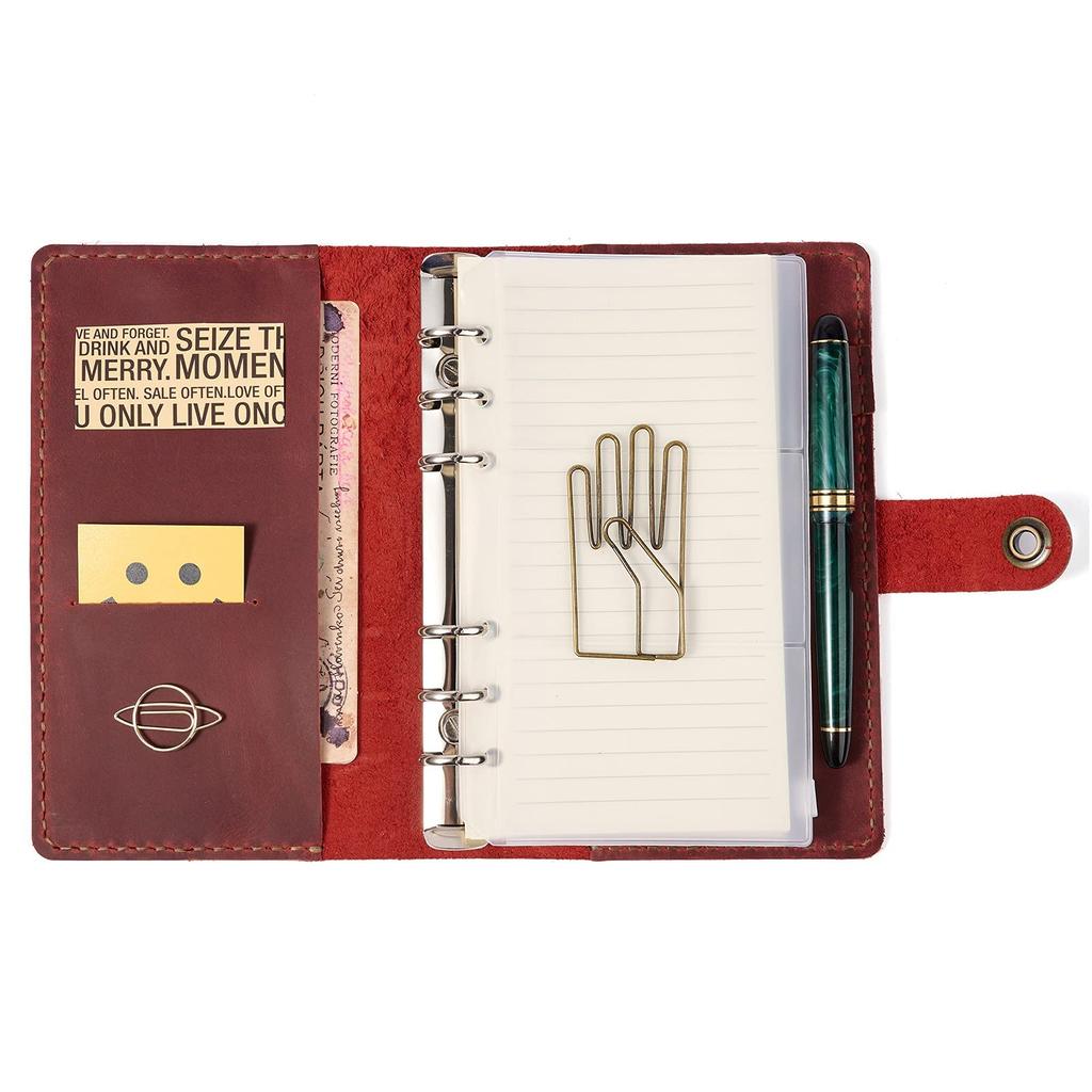 ROTERDON Systemnotatbok A6 Lær 2025 6 hull med påfyll Løsblad Standard omslag Lær Håndsøm Original 3 farger Notatbok Notatblokk Kort