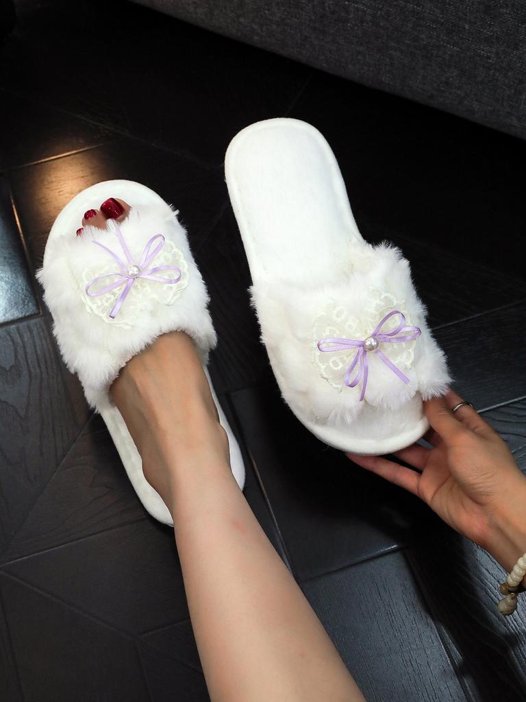 Open-toed Fluffy Slippers Open At Home, Skin-friendly, Non-slip, Silent, Outer Wear, Cotton Sweet and Beautiful Big Bow.