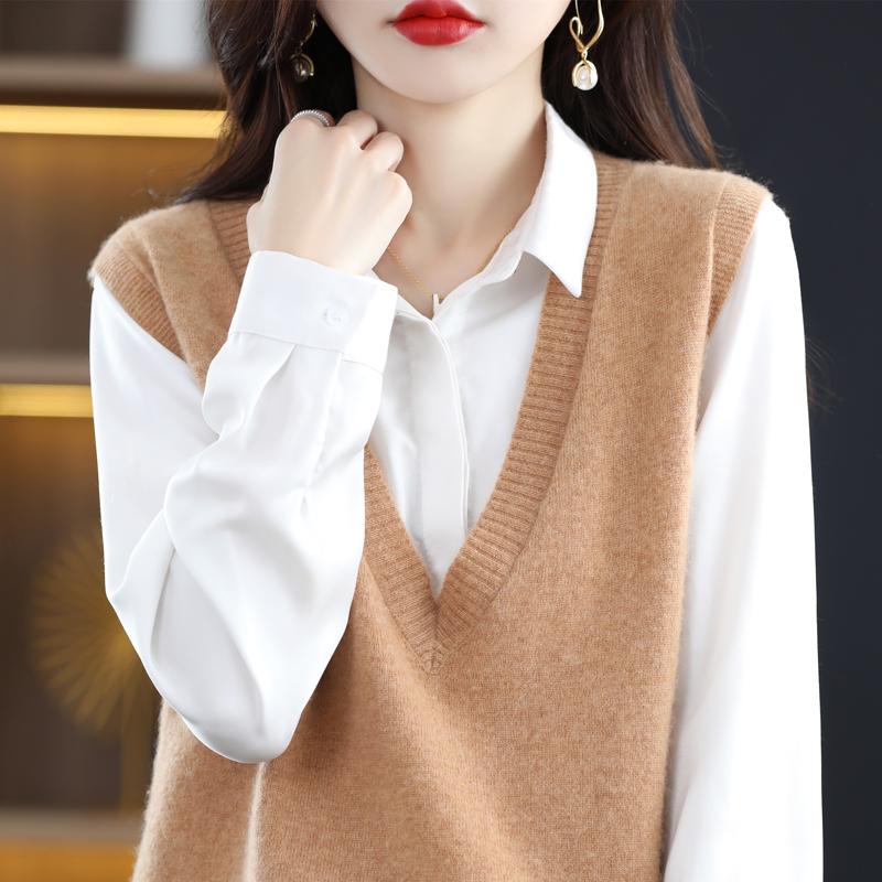 Dámská vesta s výstřihem do V, kašmír Qinghe, 30 % kašmír 70 % vlna, zimní pletený svetr podzimní svetr kašmírový svetr