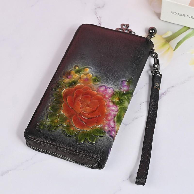 

Rose Embossed Women s Wallet Medium Long Zipper Handbag Style Fashionable Change Purse 19x10x2cm чёрный