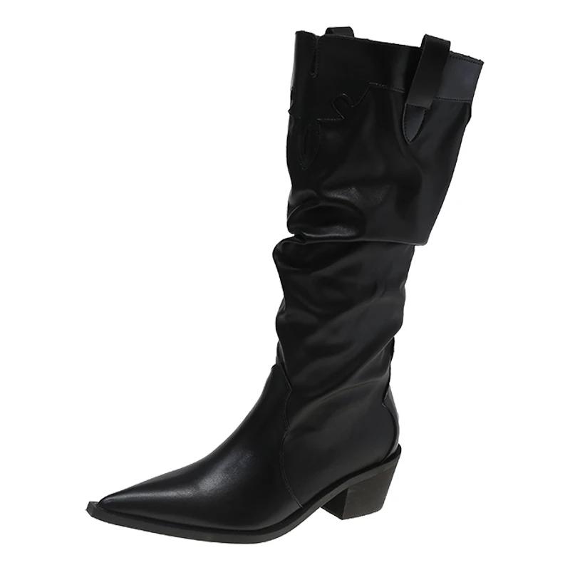 Mode Damen Schuhe mit spitzer Zehenpartie und Blockabsatz Herbst Neue Mode Knitter Oberschenkelhohe Stiefel für Damen Schwarze Damen Kniehohe Stiefel mit Absatz