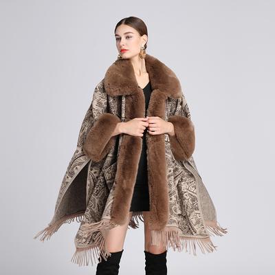 Winter Damen Schal Cape Jacke Pelzkragen Jacquard lose Quaste große Sieben-Punkt-Ärmel Tweed Jacke