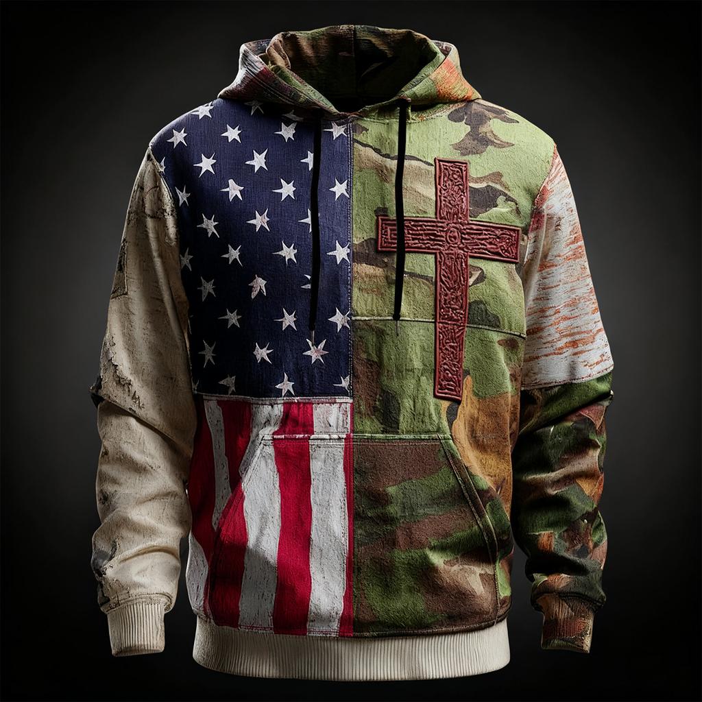 Men's Vintage Casual American Flag Cross Hoodie Patriotic Shirt