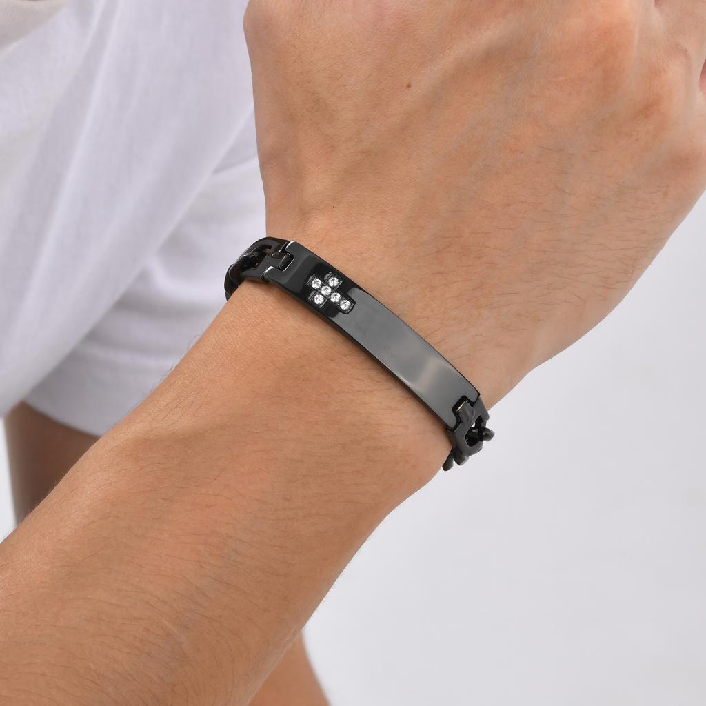 Personalized Cross ID Bracelets for Men Boys,Engraved Stainlesss Steel Chain Link Wristband,Stylish Jewelry Gifts