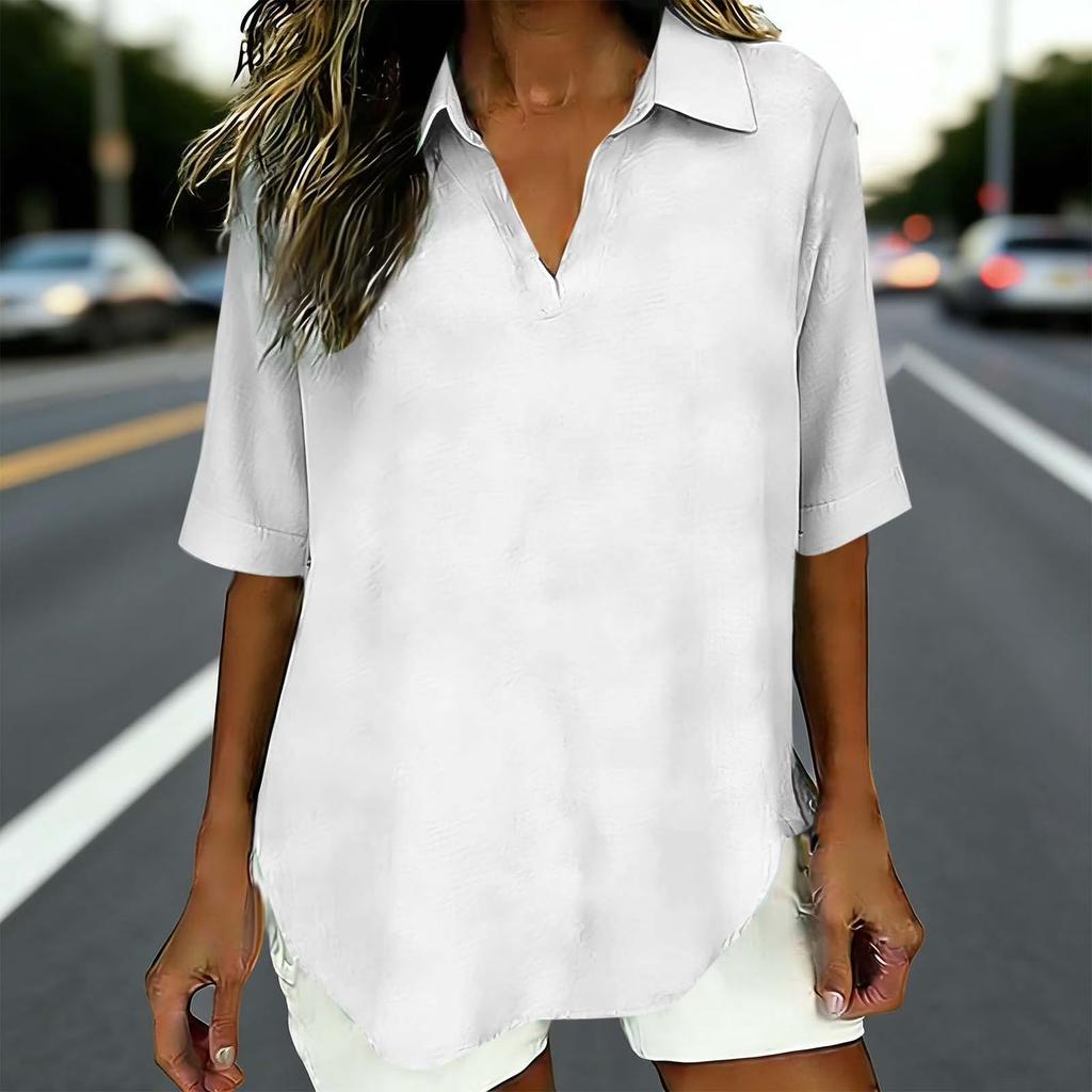 Women's  Fashionable Loose Color V-Neck Casual Cotton And Linen Shirt T-Shirt Top