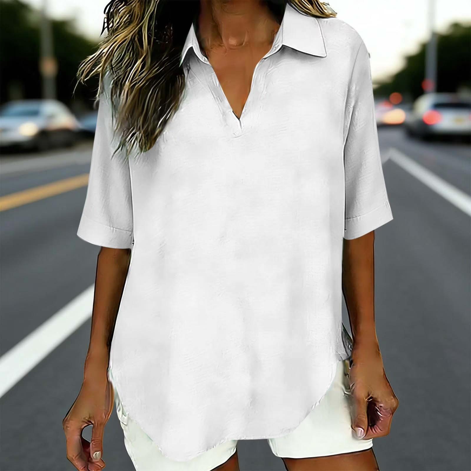 

Women s Fashionable Loose Color V-Neck Casual Cotton And Linen Shirt T-Shirt Top XL білий
