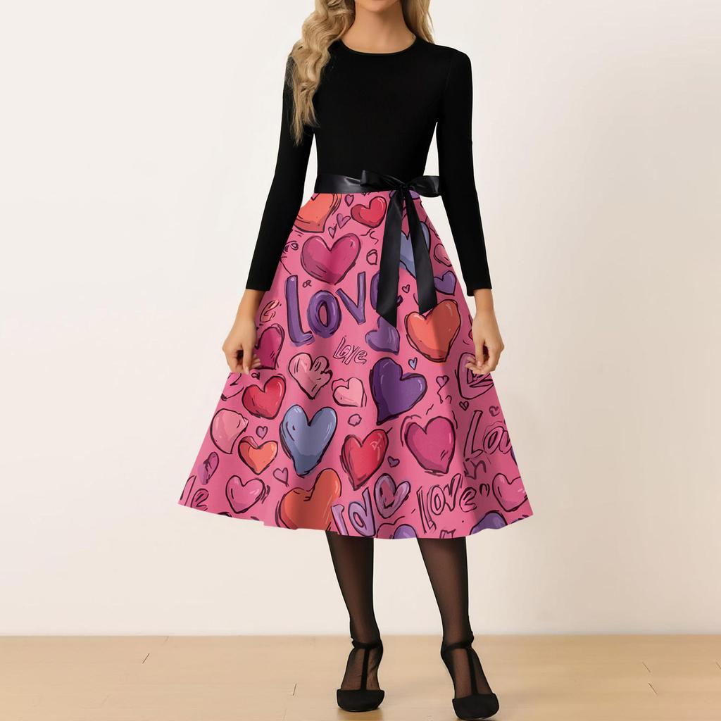 Women's Casual Fashion Round Neck Valentine's Day Printed Retro Dress