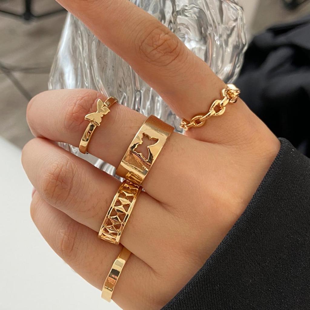 Bohemian 5-Piece Star, Moon, Butterfly Rings Set with Full Diamond Inlays - European & American Style
