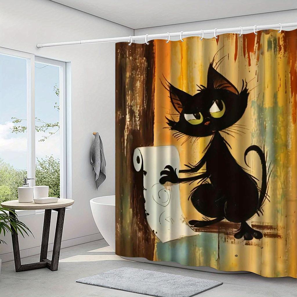 Funny Black Cat Shower Curtain Cartoon Cat Holding Toilet Paper Humor Art Bathroom Decor Waterproof Fabric Bath Curtain Set Home