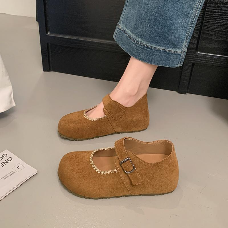 Женские замшевые туфли Мэри Джейн Ретро Ремешок с пряжкой Повседневные на плоской подошве Удобные с круглым носком Ежедневная обувь 35 верблюд