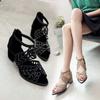 Water Diamond Fish Mouth Sandals for Women, Hollow Out Large, Thick Heel, Middle Heel, Back Zipper Sandals