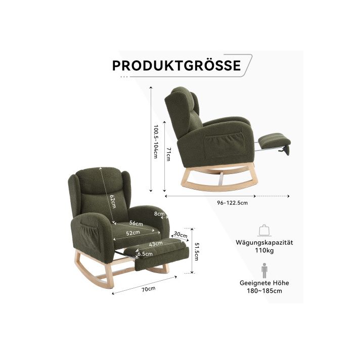 Fauteuil À Bascule, Fauteuil Inclinable, Repose-pieds Réglable, Dossier Haut, Tissu Ours En Peluche, Vert