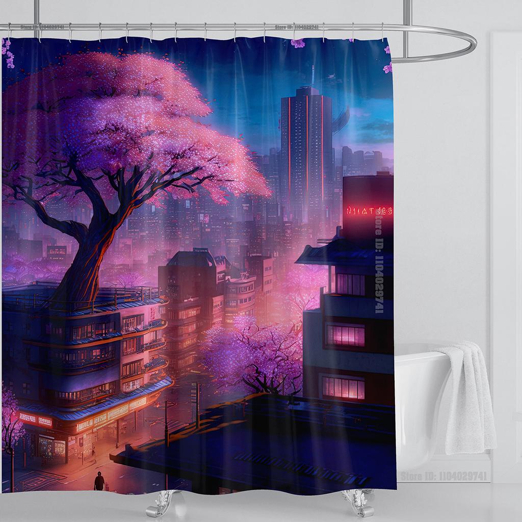 Illustration Japanese Chinese Style Art Print Polyester Washable Waterproof Shower Curtain Bathroom Decoration Bathtub With Hook