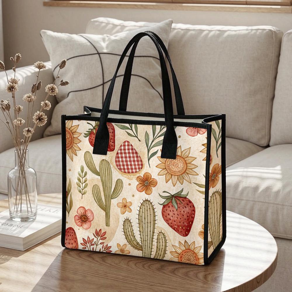 Boho Floral Cactus Strawberry Print Casual Tote Handbag for Daily Use