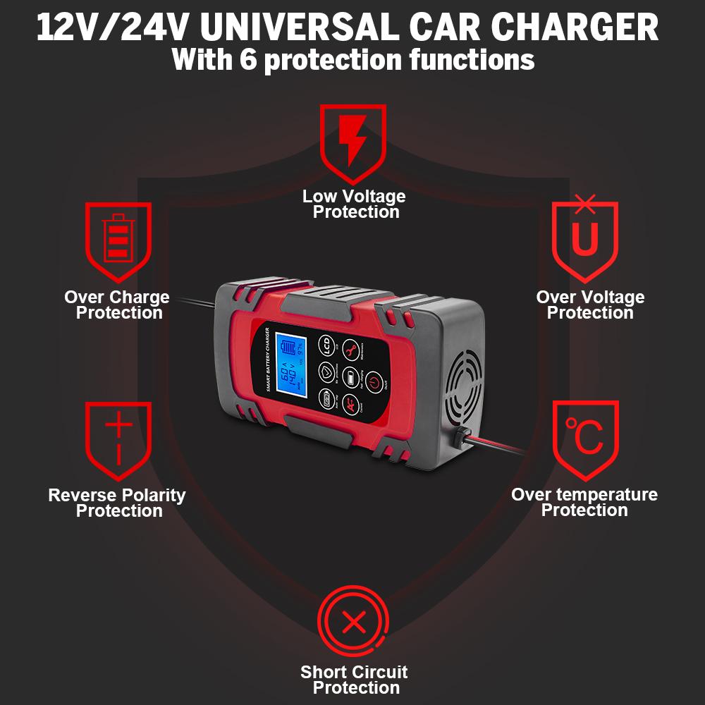 New Fully Automatic Battery Charger 12V 24V Smart Battery Pulse Repair Tools Lead Acid Battery Charger LCD Digital Display