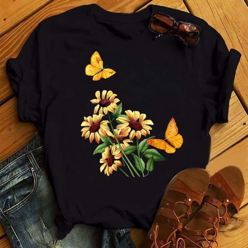 Women Flower Butterfly Fashion Print T Shirt Casual Short Sleeve Ladies T Tee Female Top Shirt Clothes Womens Graphic T-shirt