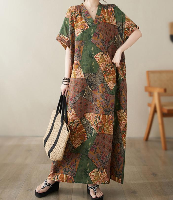 

Жіноча літня максі-сукня з V-подібним вирізом, рукавом три чверті, великого розміру, з принтом, довга пляжна сукня One Size