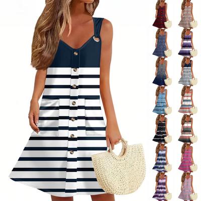 Kadın Yazlık Elbise Cepli Kolsuz Çizgili Baskılı Sundress