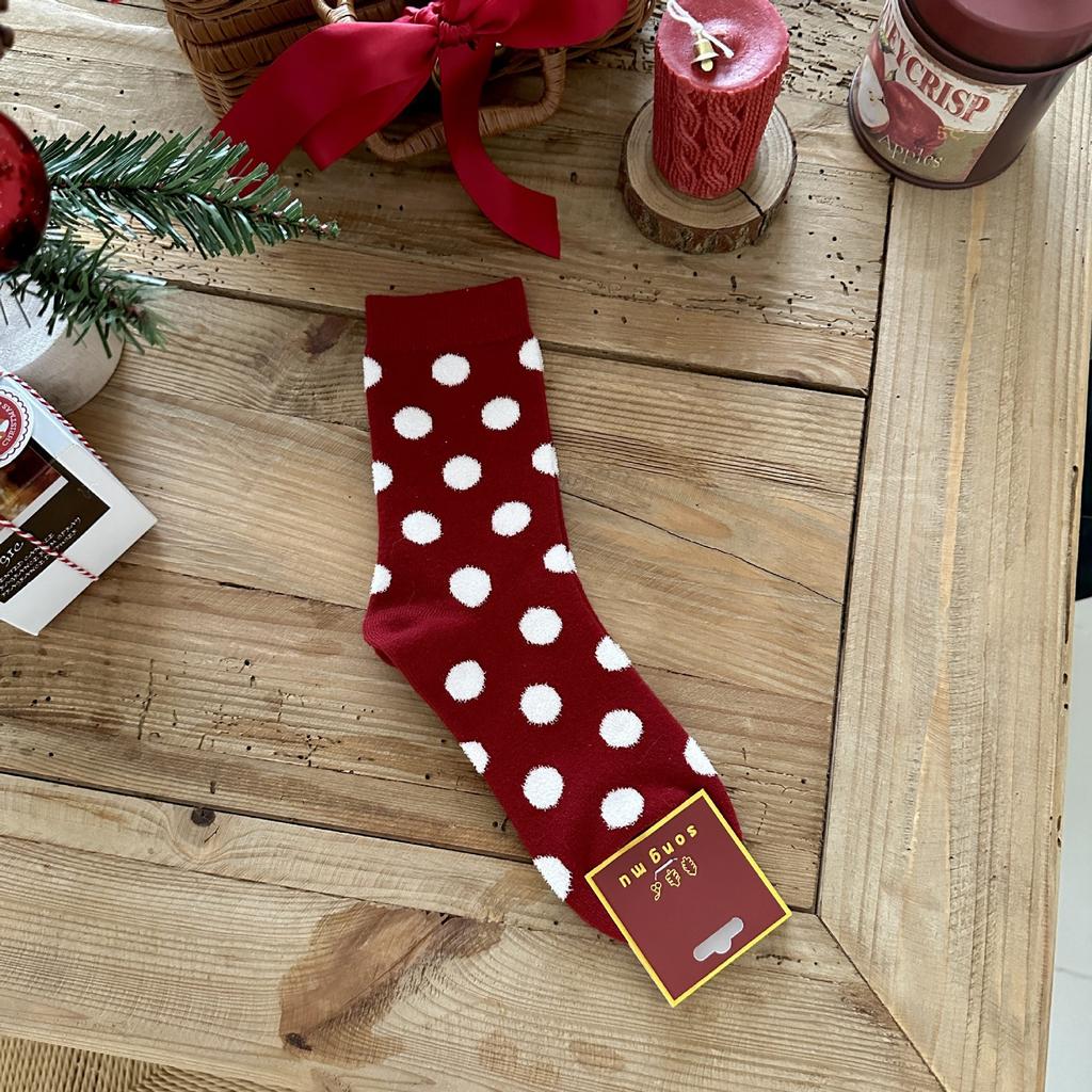 Songmu'S Ping An Xile Red Socks Polka Dot Medium Socks New Year'S Red Sox Niche Design Socks