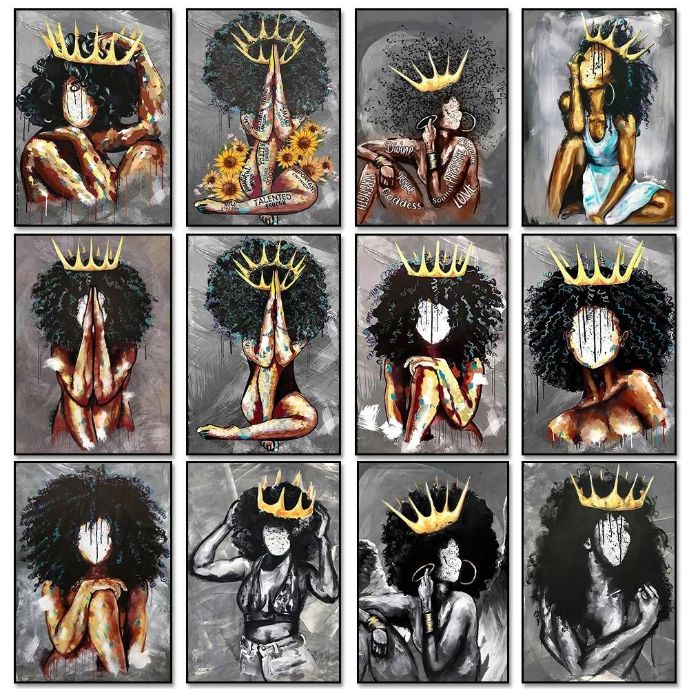 Black Woman With Crown Model Wall Art Poster Faceless Nordic Mural Modern Home Decor Canvas Pictures Prints Living Room Decorate