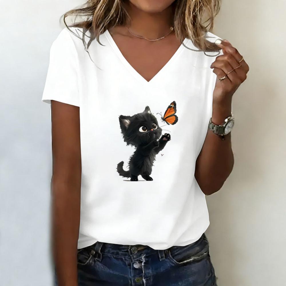 

Summer T-shirt Cat Cute V Neck Casual Fashion Butterfly with Cat Printed T Shirts Women Short Sleeve Tee Shirt V-Neck Clothing S