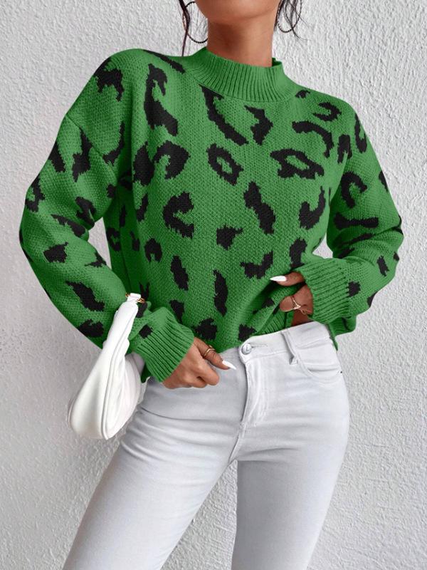 Leopard Print Jacquard Round Neck Women's Knit Sweater - Fashionable Spring & Autumn Pullover