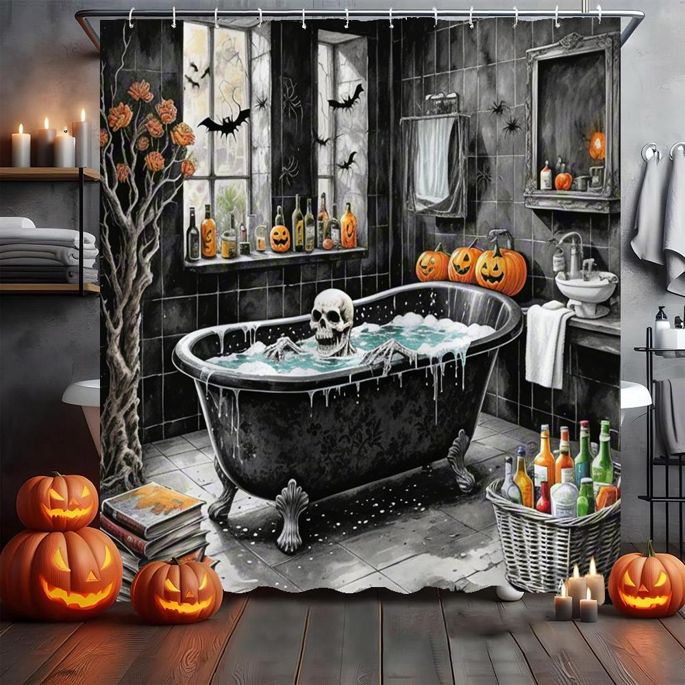 Amusing and Creative Skeleton Skull Shower Curtain Waterproof Bathroom Curtain Funny Scary Halloween Home Decorative Curtain