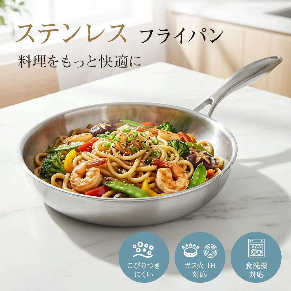 WANGYUANJI Stainless Steel Frying Pan, 26cm, Uncoated, Suitable for Induction and Gas Stoves, High Heat Efficiency, Dishwasher Safe, Durable.
