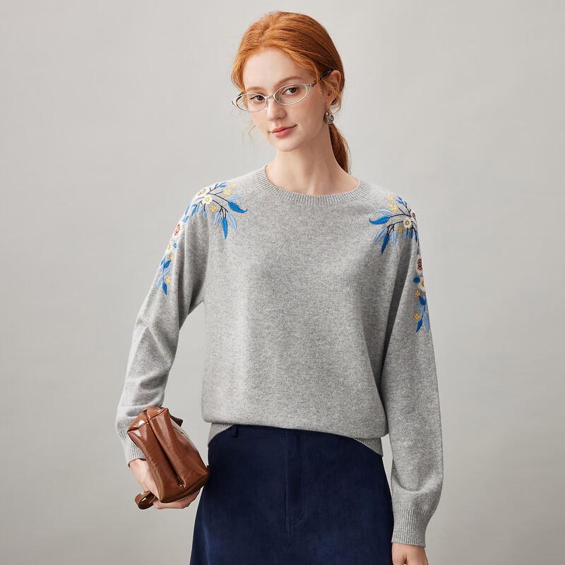 Kemengboka Women's Embroidered Cashmere Crewneck Sweater