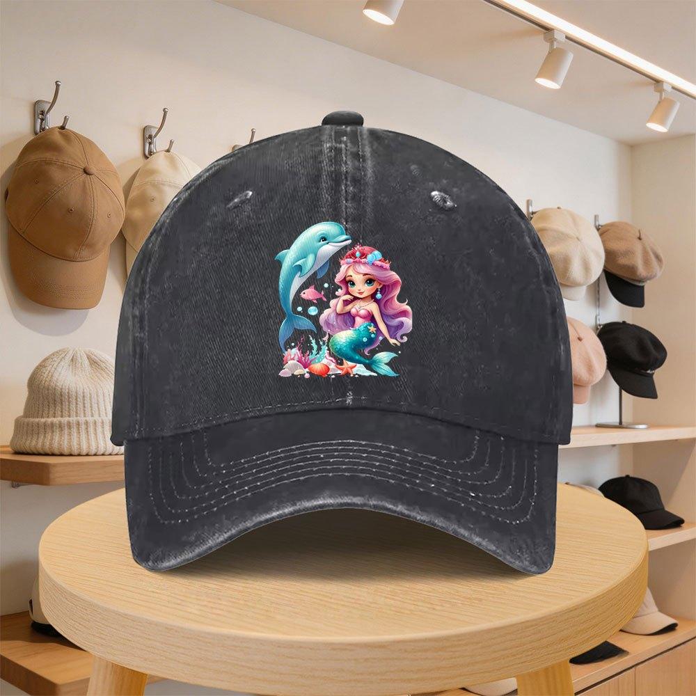 A MenS Baseball Cap Featuring a Mermaid And Dolphin Design Stylish And Casual Adjustable for Spring And Autumn Outings Perfe