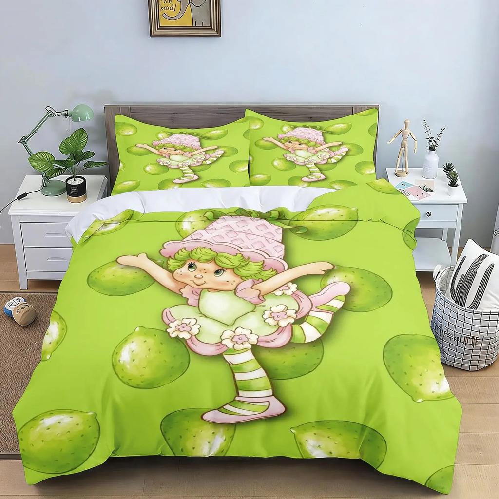 3D Cute Girls Strawberry Shortcake Bedding Set Colorful Cartoon Strawberry Girl Pattern Duvet Cover Pillowcase Home Decor Room