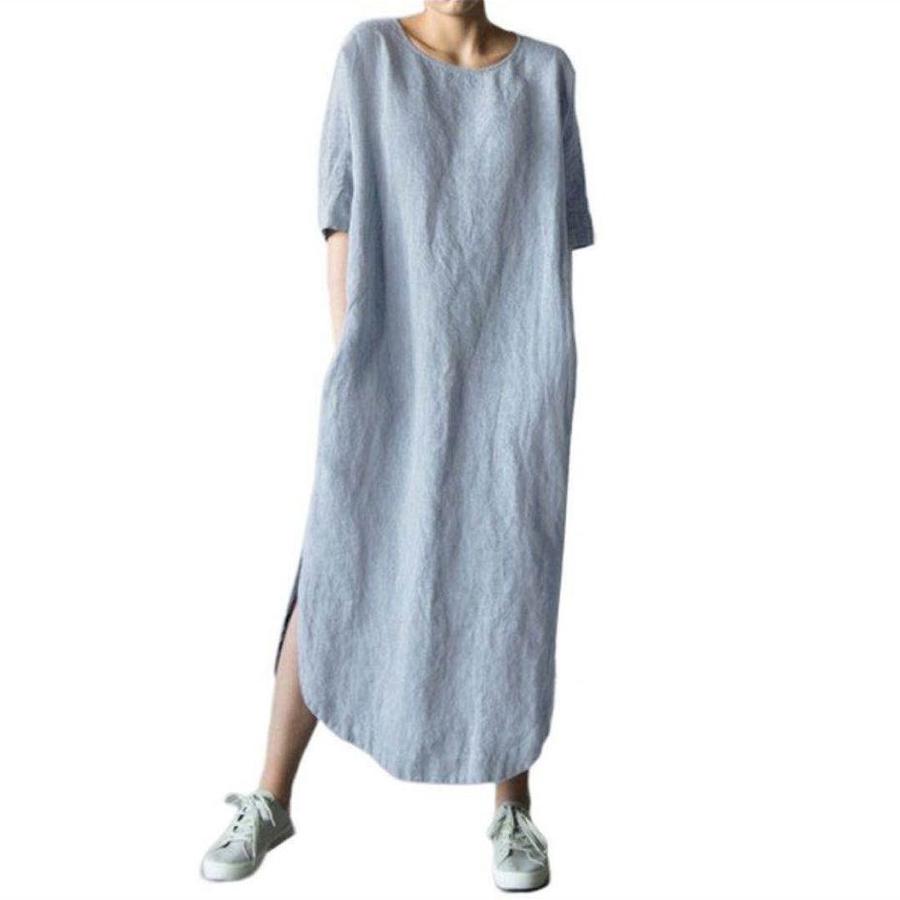 Large Quantity Crew Neck Short Sleeve Solid Side-Split Hem Knee-Length Cotton Linen Dress for Girls