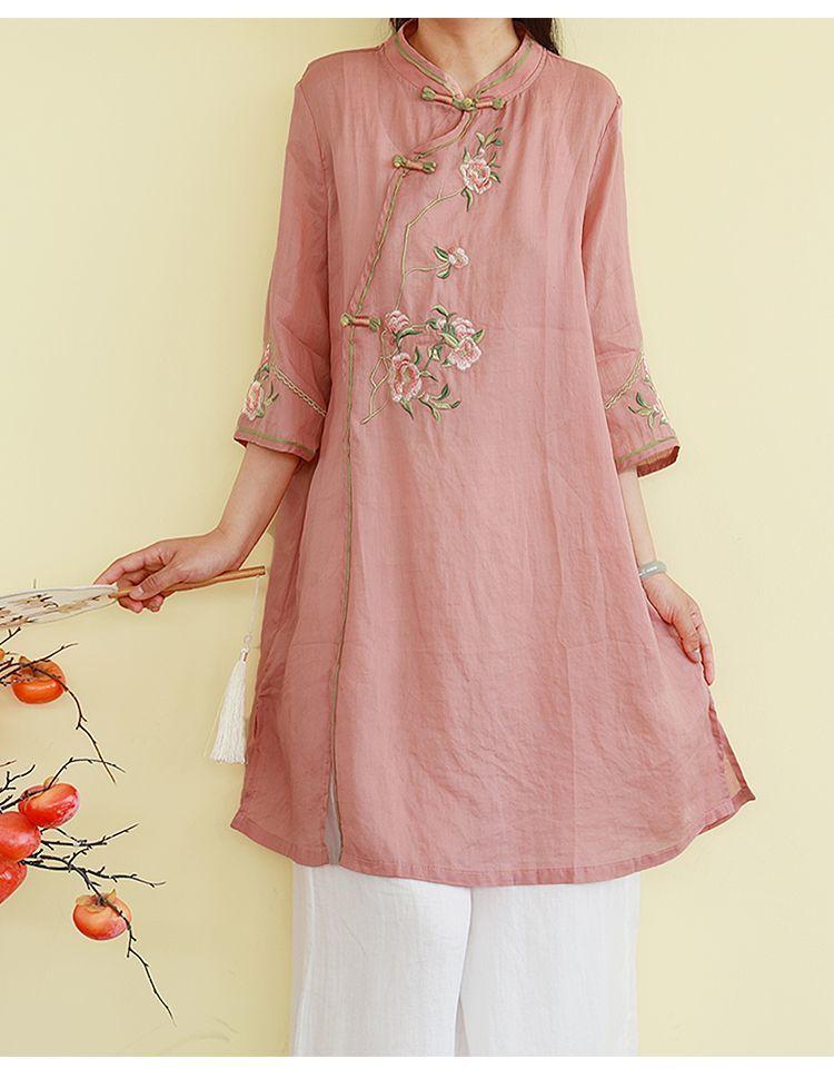 Zen-style Frog Button Retro Shirt Spring/summer Mid-length Embroidered Ethnic Style Three-quarter Sleeve Stand Collar Top for Women